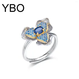 Cluster Rings YBO 925 Sterling Silver Flower Natural Sapphire Gemstone Women Luxury Adjustable Jewelry Party Dating Birthday Jewels