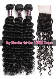 Brazilian Hair Extensions Indian Human Hair Bundles with Closure Curly Body Buy 3Bundles Get A Closure Straight Loose Wave Wa9546598