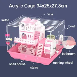 Burar New Hamster Cage Set Acrylic Cage Hedgehogs Rabbit Guinea Pig Double Decker Cage Villa Bowla Running Wheel Kettle Pets Supplies