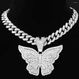 Ketten Hip Hop Big Butterfly Kristall Anhänger Halskette 13mm Iced Out Cuban Link Kette Für Frauen Männer Mode Luxus schmuck Geschenk