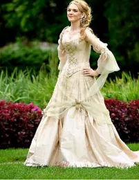 Vintage Victorian Wedding Dresses Champagne Gold Taffeta A-Line Gothic Corset Bridal Gowns Flare Long Sleeves Celtic Renaissance Fantasy Medieval Bride Wear