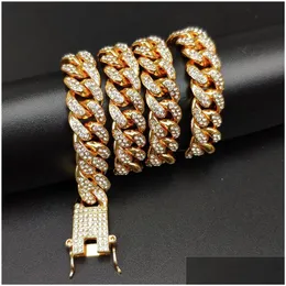 Ожерелье браслета 12 мм кубинские звенья ювелирные украшения набор 18 тыс. Реальное золото, покрытое нержавеющей сталью Майами с дизайном пружинной пряжки Deli Dhpwg