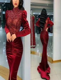 Burgundy Velvet Mermaid Evening Dresses Shining Crystal Beaded High Neck Long Sleeves Prom Dress Sexy Illusion Formal Party Second2934268