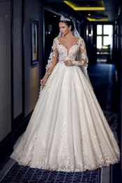 Elegant Long Sleeves A Line Wedding Dresses Beaded Lace Appliques Satin Formal Bridal Gowns Sexy Backless Lace Up Plus Size Bride Wear