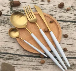 Simple Portugal pointed tail cutlery knife and fork spoon Hotel 304 stainless steel western tableware The white handle golden flatwar
