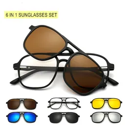 Fashion Sunglasses Frames 6 In 1 Polarized Sunglasses Men Women Magnetic Clip On Glasses Frame TR90 Optical Prescription Eyeglass Frames Magnet Clips 230607