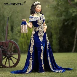 Urban Sexy Dresses Moroccan Caftan Evening Dress Gold Appliques Lace Cap Sleeve Royal Blue Mermaid Velvet Arabic Prom Gowns Party 230607