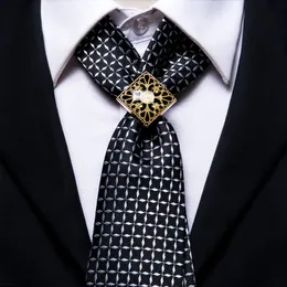 Neck Ties Hi-Tie Luxury Gold Ring Black Mens Tie Set Set Traid Silk Ties для мужского дизайна моды Hanky ​​Mufflinks Установите свадебную качество галстук 230607