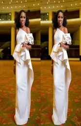 Dubai African White Satin One Shoulder Prom Dresses Sheath Ruffles Sleeveless Peplum Celebrity Party Long Evening Dress Gowns Cust8798341