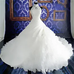 Luxus 2018 Weiße Hochzeitskleider Spitze Ballkleid Brautkleider mit Spitzenapplikationen Perlen Stehkragen Ärmellos Reißverschluss hinten Organza dress2298