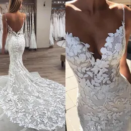 Boncuklar İnciler Spagetti Strap Dantel Denizkızı Gelinlik 2021 Muhteşem 3D-Floral Aplikler Boho Gelinlikleri Beldeli Robe De Mar311i