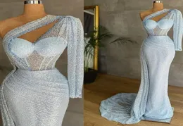 One Shoulder Light Blue Sequins Prom Dresses Luxury Bling Beaded Long Sleeves Formal Evening Dress Party Pageant Gowns Robe de mar7539303
