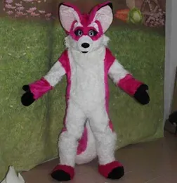 Professional Pink Red Long Fur Furry Fox Wolf Husky Dog Mascot Costume Fursuit vuxen tecknad årlig firande nöjespark