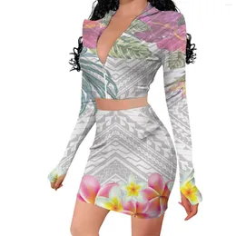 Casual Dresses Summer Women Sexy Design Short Dress Long Sleeve Two Piece Mini Skirt Set Beachwear Polynesian Samoa Tribal Print