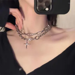 Kedjor Punk Cross Pendant Chain Necklace For Women Kpop Multilayer Imitation Pearl Choker Rhinestone smycken