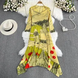 Casual Kleider Miyake Plissee Frauen Kleid Frühling Herbst V-ausschnitt Koreanische Grundlegende Rollkragen Langarm Maxi Ästhetische Kleidung N6005