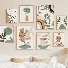 Pôsteres Boho Geometria Abstrata Linha Pintura em Lona Folhas Sol Arco-Íris Decoração de Casa Nórdica Imagem de Parede Para Sala de Estar L99A