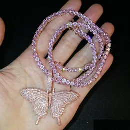 Collane con ciondolo Collana con ciondoli a farfalla Bling Gioielli Hip Hop Fl Zircone rosa Oro reale Placcato platino Uomo Donna Regalo amante Dr Dhcyp