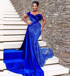Royal Blue Mermaid Lace Prom Dresses Ruffles Sheer Neck Sweep Train 2022 Aso Ebi Evening Dress Plus Size For African Women8874336