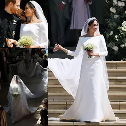 2019 Príncipe HarryMeghan Markle Vestidos de Noiva de Manga Longa 2018 Simples Cetim Bateau Neck Longo Noiva Vestidos de Noiva Court Train C251J