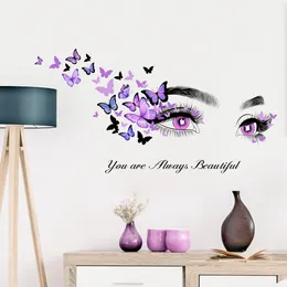 Slogan inglese viola serie di occhi farfalla adesivi murali decorazioni per la casa in PVC autoadesive per soggiorno camera da letto