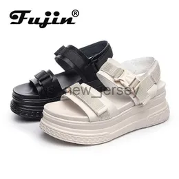 Sandaler fujin 7cm full ko äkta läder sandaler kvinnor skor strandskor krok loop kvinnor sommarskor glider plattform kil j230608