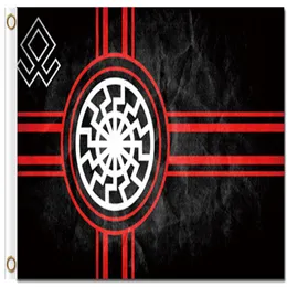 Цифровая печать Custom 3x5ft Black Sun Flag 90x150CM Polyester Kolovrat Slavic Symbol Sun Wheel Svarog Solstice Runes Banner322V