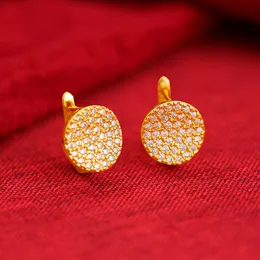 Round Tiny Crystal Paved Hoop Earrings Women Jewelry Real 18k Yellow Gold Colr Fashion Micro Iced Out Pretty Gift