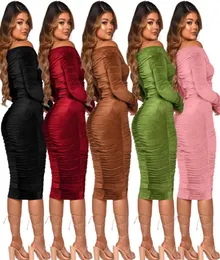 Women Velvet Dresses Designer Pleated Bodycon Dress Long Sleeve Slim Sexy Vneck Off Shoulder Skirt Party Clubwear 5 Colours8016910