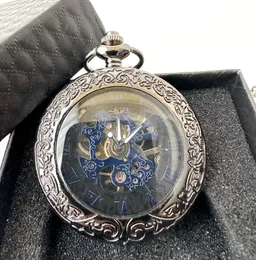 Big Glass Antique Blue Mechanical Watches Hand Winding Retro Flower Roman Pocket Watches