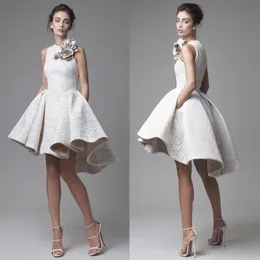 2020 New Lace Wedding Dress Krikor Jabotian Jewel Sleeveless High Low Wedding Dresses Short A-Line Beach Bridal Gowns With Flower 200G