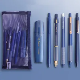 Ballpoint Pens 6pcs Starry Star Mesh Pencil Bag Set Metallic Color Highlighter Marker Black Ink Gel Office School A7175 230608