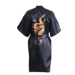 Black Chinese Men's Satin Silk Robe Embroidery Dragon Kimono Bath Gown Unisex Loose Bathrobe Size M L XL XXL XXXL D0317 T200420