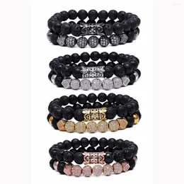 Strand ASHMITA 2PCS Black Prayer Beads Bracelet For Men Women CZ Rhinestone Crystal King Crown Couple Set Bracelets Bangle Gift Box