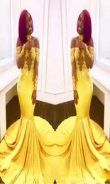 Newest Sexy Yellow Black Girls Mermaid Prom Dresses Lace Long Sleeves Backless Satin Floor Length Formal Party Wear Evening Gowns 6113251