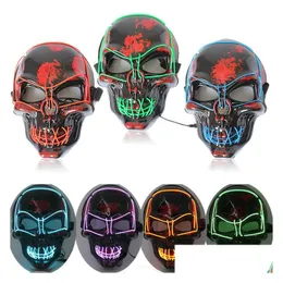 Maski imprezowe LED Light Up Horror Mask Halloween Glow Scl Fl Face Super Scary Festival Cosplay Costplay Materie