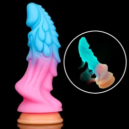 Nowe świetliste dildos kolorowe świecące ogromny smok potwór penis anal tyłek wtyczka dla dorosłych zabawki miękkie dildo z ssącą kubek