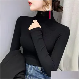 Kvinnors stickor Tees Womens High Neck Turtleneck Designer Woman Sweater Blue Shirts Topps Lady Slim Jumpers S3xl Drop Delivery Appa DHG9Y