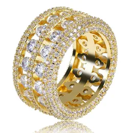 Com pedras laterais anéis de fileira dupla hip hop brilhante 18 quilates banhado a ouro real zircônia cúbica anel de dedo de diamante joias drop delivery dh9gl