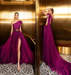 Julie Vino ALine Prom Dresses 2020 Sexy One Shoulder Sweep Train Metal Belt Evening Gowns Sexy High Split Long Formal Prom Dress4099621