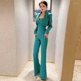 Kvinnors tvåbitar byxor Kvinnor bitar kostymer 2023 Spring Autumn Lady Long Sleeve Blazer Coat Tops Jumpsuit Set