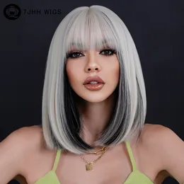Hair pieces 7JHH S High gloss silver black short with bangs suitable for women natural synthetic straight bob heat-resistant fiber 230608