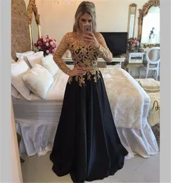 Gold Lace Appliqued Beads Satin Prom Gowns Navy Blue Long Sleeves Prom Dresses Long Arabic Dubai Evening Party Dress4188423