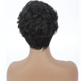 人間のヘアウィッグヒューマンヘアキャップレスウィッグフルシンセティックオンブルレッドカラーマシンショートボブピクシーカット黒/白人女性コスプレパーティーの前髪でレースフロント