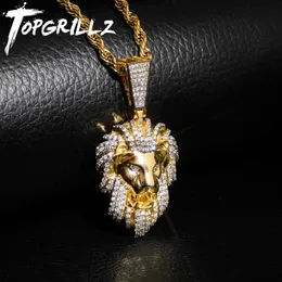TOPGRILLZ Hip Hop Gold Color Plated Iced Out Micro Pave Cubic Zircon Lion Head Pendant Necklace Charm For Men Jewelry Gifts 201014246D