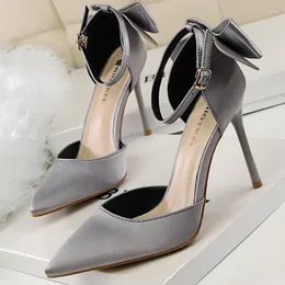 Dress Shoes Silks Satins Women Pumps Bowknot High-heels Pointed End Heels Stiletto Summer Sandals Large Size 43