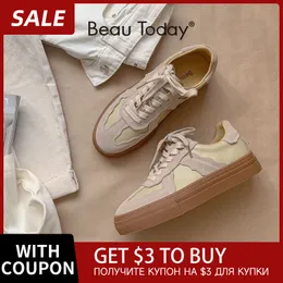 Beautoday casual sneakers kvinnor mocka läder lapptäcke blandade färger snörning rund tå skor damer lägenheter handgjorda 29816