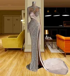 Side Split Sexy Mermaid Prom Dresses Sparkly Crystal Beaded High Neck Long Sleeve Evening Gowns Arabic Special Occasion Dress Form4434642
