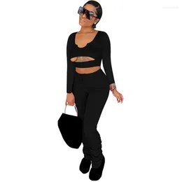 Women's Two Piece Pants KEXU Sexy Sets Women Long Sleeve Cut Out Crop Top Ruched Stacked Sweatsuit Sporty Fitness Bodycon Club Outfits