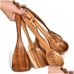 Spoons Teak Wood Tableware Spoon Colander Long Handle Wooden Nonstick Special Cooking Spata Kitchen Tool Utensils Kitchenware Gift D Dhkmv